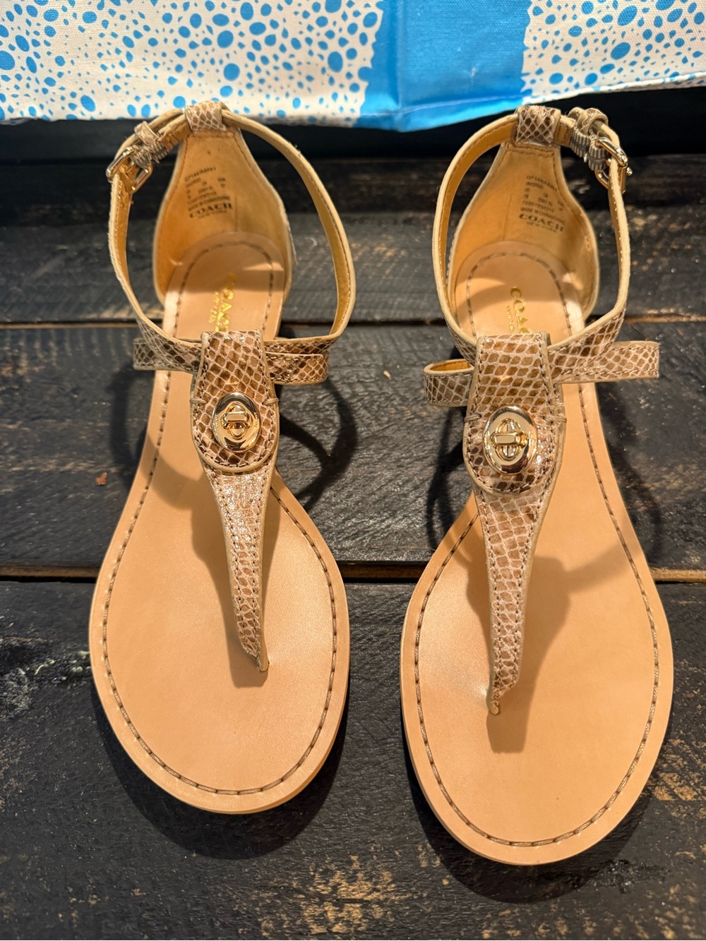 Coach Tan Snake-Embossed T-Strap Sandals with Gold Turnlock